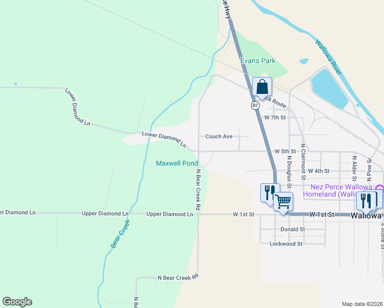 map of restaurants, bars, coffee shops, grocery stores, and more near 222 North Bear Creek Road in Wallowa
