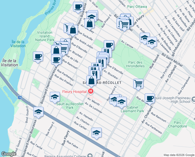 map of restaurants, bars, coffee shops, grocery stores, and more near 2328 Rue Fleury Est in Montréal