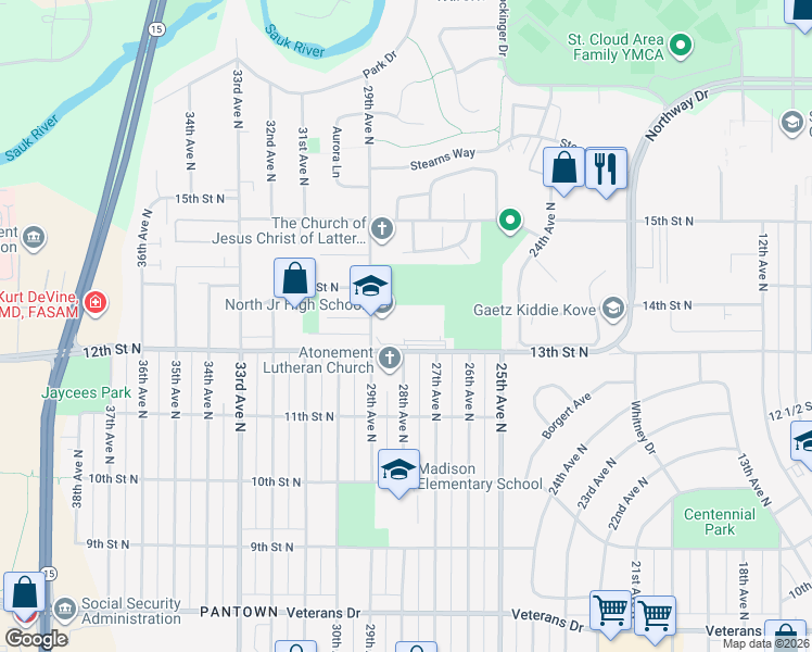 map of restaurants, bars, coffee shops, grocery stores, and more near 1212 29th Avenue North in St. Cloud