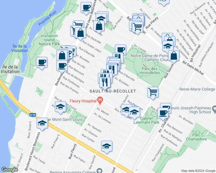 map of restaurants, bars, coffee shops, grocery stores, and more near 2328 Rue Fleury Est in Montréal
