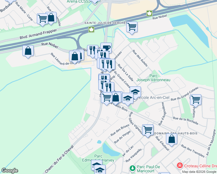 map of restaurants, bars, coffee shops, grocery stores, and more near 149 Rue Joseph-Véronneau in Sainte-Julie