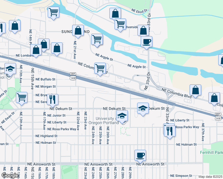 map of restaurants, bars, coffee shops, grocery stores, and more near 7315 Northeast 27th Avenue in Portland