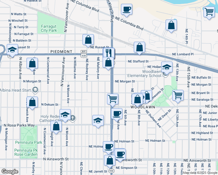 map of restaurants, bars, coffee shops, grocery stores, and more near 235 Northeast Morgan Street in Portland