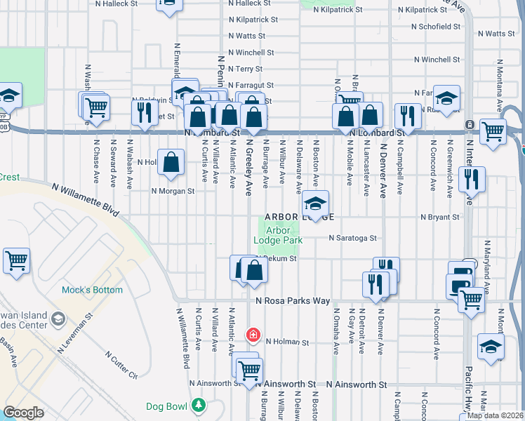 map of restaurants, bars, coffee shops, grocery stores, and more near 7063 North Wilbur Avenue in Portland