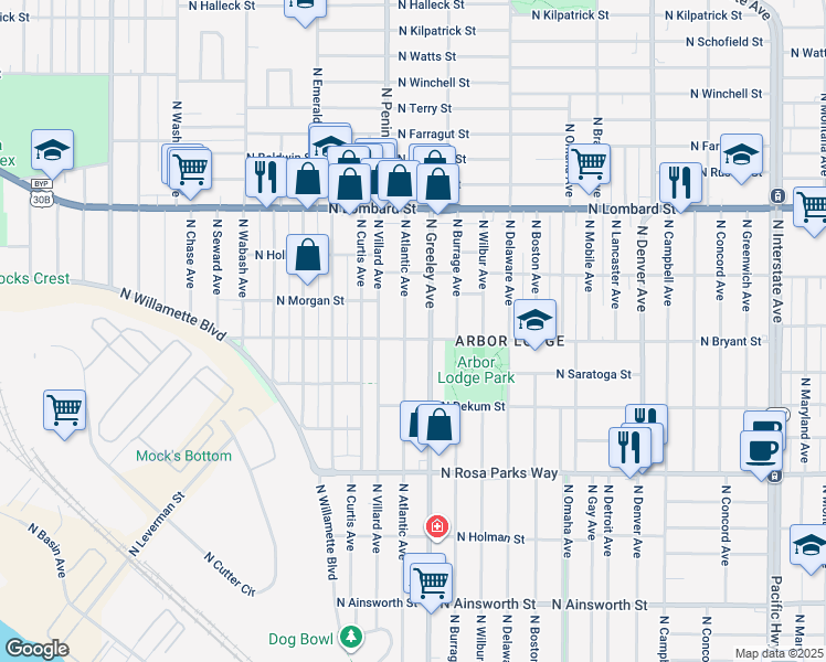 map of restaurants, bars, coffee shops, grocery stores, and more near 7104 North Greeley Avenue in Portland