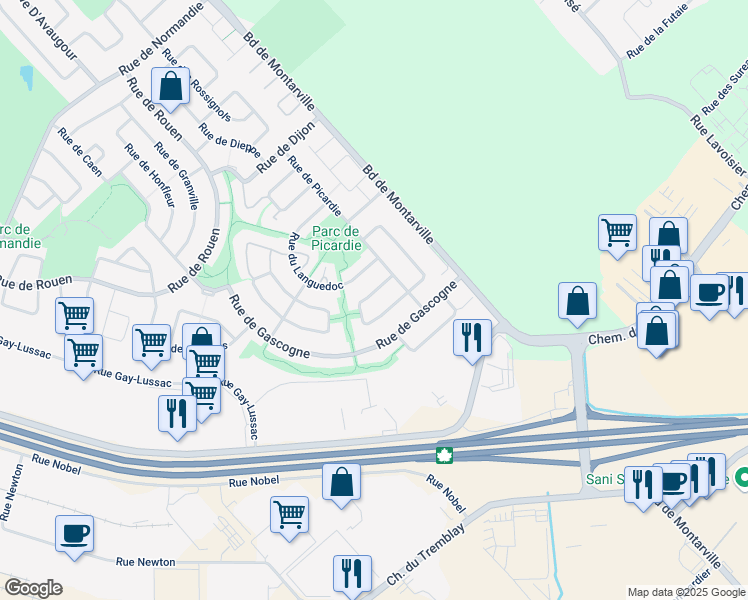 map of restaurants, bars, coffee shops, grocery stores, and more near 433 Rue de Provence in Boucherville