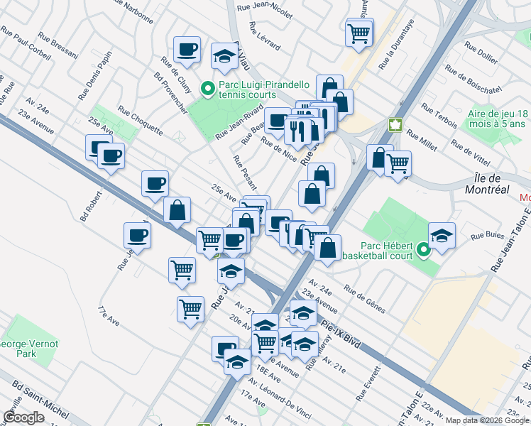 map of restaurants, bars, coffee shops, grocery stores, and more near 4313 Rue Jarry Est in Montréal