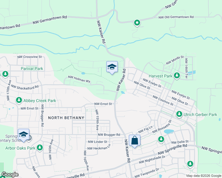 map of restaurants, bars, coffee shops, grocery stores, and more near 15701 Northwest Raywood Lane in Portland