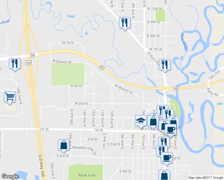 map of restaurants, bars, coffee shops, grocery stores, and more near 315 10th Avenue North in Princeton