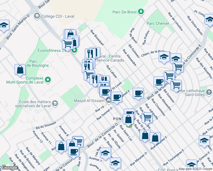 map of restaurants, bars, coffee shops, grocery stores, and more near in Laval