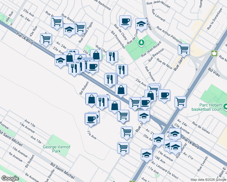 map of restaurants, bars, coffee shops, grocery stores, and more near 8367 Boulevard Pie-IX in Montréal