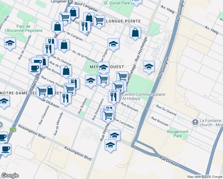 map of restaurants, bars, coffee shops, grocery stores, and more near 2603 Rue de Cadillac in Montréal