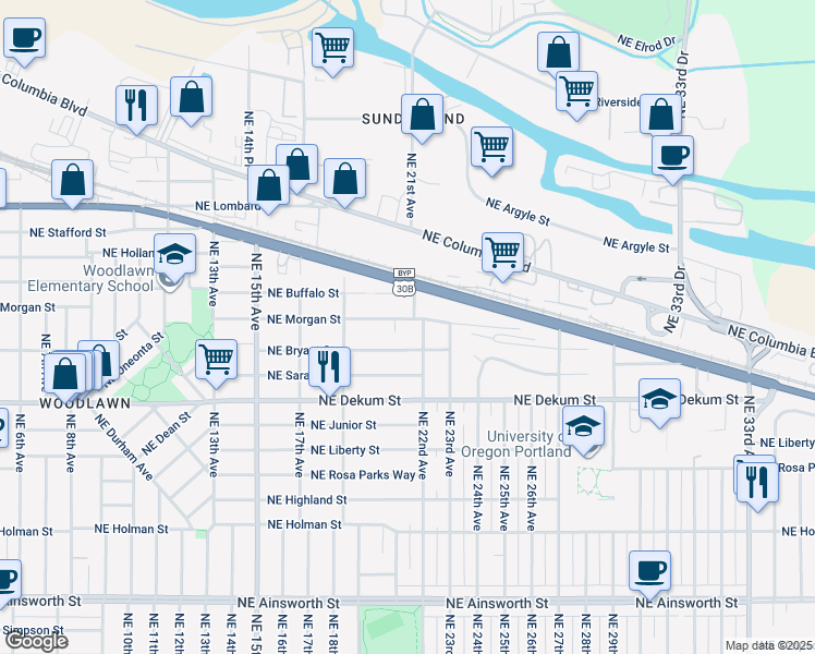 map of restaurants, bars, coffee shops, grocery stores, and more near 2034 Northeast Buffalo Street in Portland