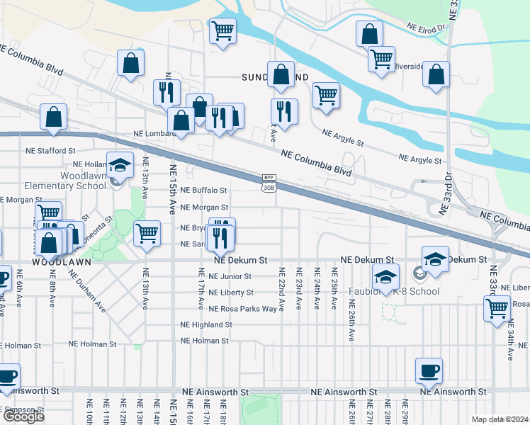 map of restaurants, bars, coffee shops, grocery stores, and more near 2034 Northeast Buffalo Street in Portland