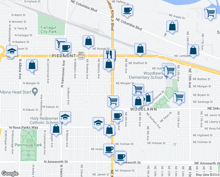 map of restaurants, bars, coffee shops, grocery stores, and more near 409 North Morgan Street in Portland