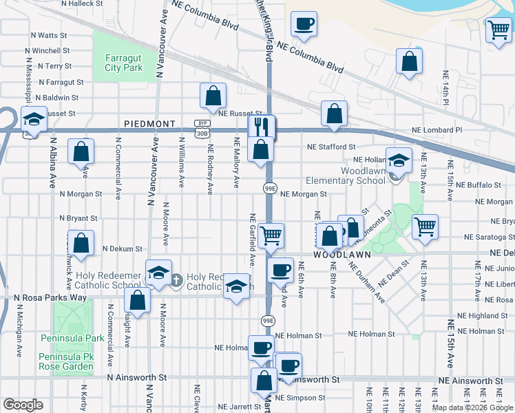 map of restaurants, bars, coffee shops, grocery stores, and more near 235 Northeast Morgan Street in Portland