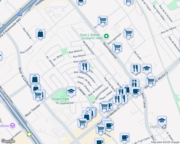 map of restaurants, bars, coffee shops, grocery stores, and more near 1962 Avenue Laplante in Laval