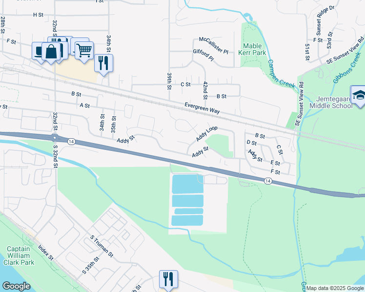 map of restaurants, bars, coffee shops, grocery stores, and more near 4087 Southeast A Loop in Washougal