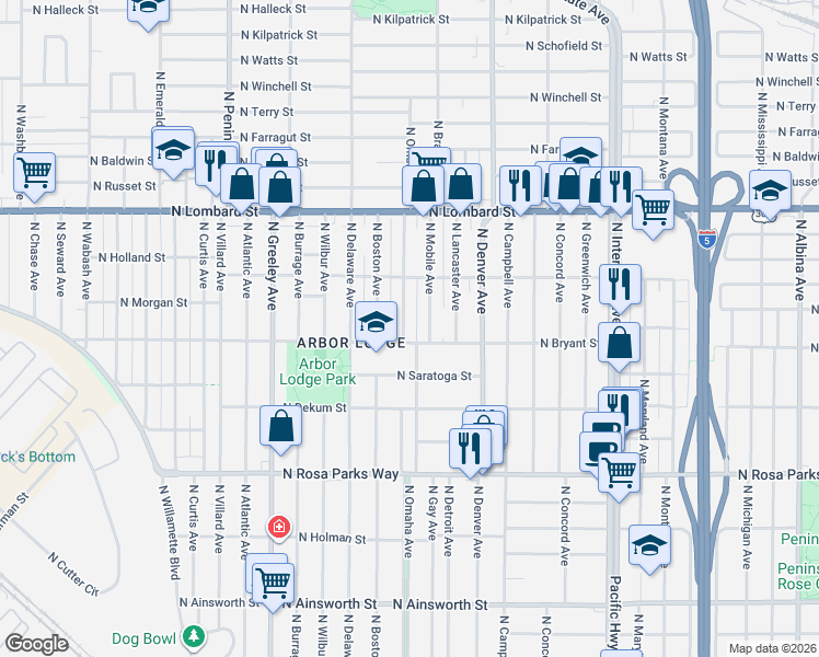 map of restaurants, bars, coffee shops, grocery stores, and more near 7022 North Omaha Avenue in Portland