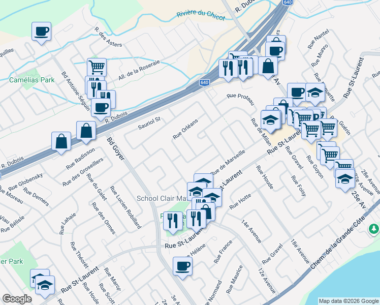 map of restaurants, bars, coffee shops, grocery stores, and more near 304 Rue Ouimette in Saint-Eustache