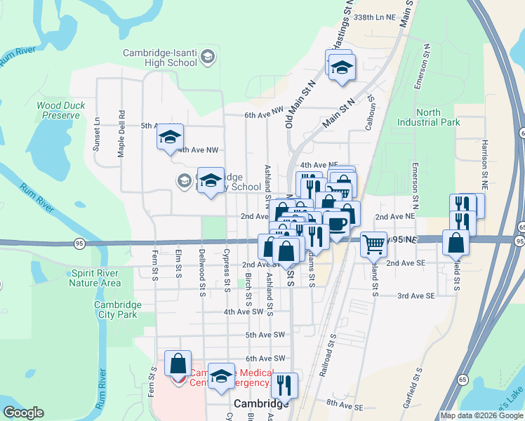 map of restaurants, bars, coffee shops, grocery stores, and more near 213 Ashland Street North in Cambridge