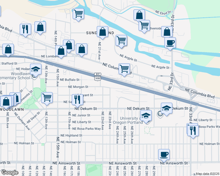 map of restaurants, bars, coffee shops, grocery stores, and more near 13414 Northeast 23rd Avenue in Portland