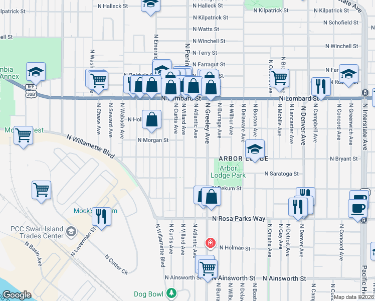 map of restaurants, bars, coffee shops, grocery stores, and more near 7024 North Villard Avenue in Portland