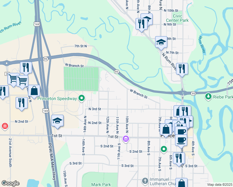 map of restaurants, bars, coffee shops, grocery stores, and more near 1102 5th Street North in Princeton
