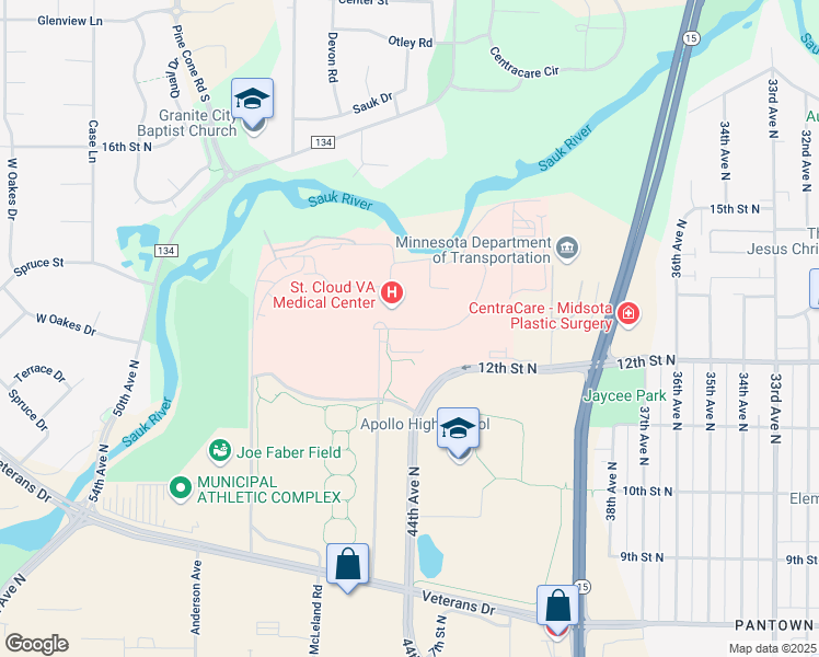 map of restaurants, bars, coffee shops, grocery stores, and more near 4801 Veterans Drive in Saint Cloud