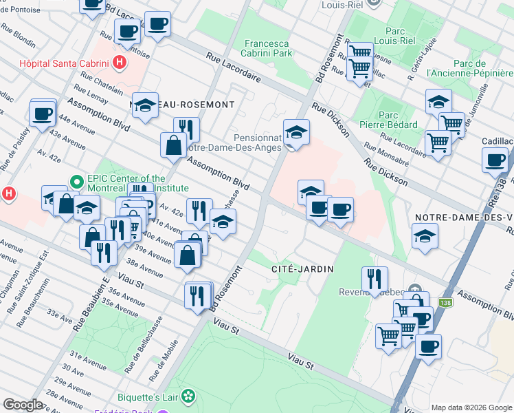 map of restaurants, bars, coffee shops, grocery stores, and more near 5529 Boulevard Rosemont in Montréal