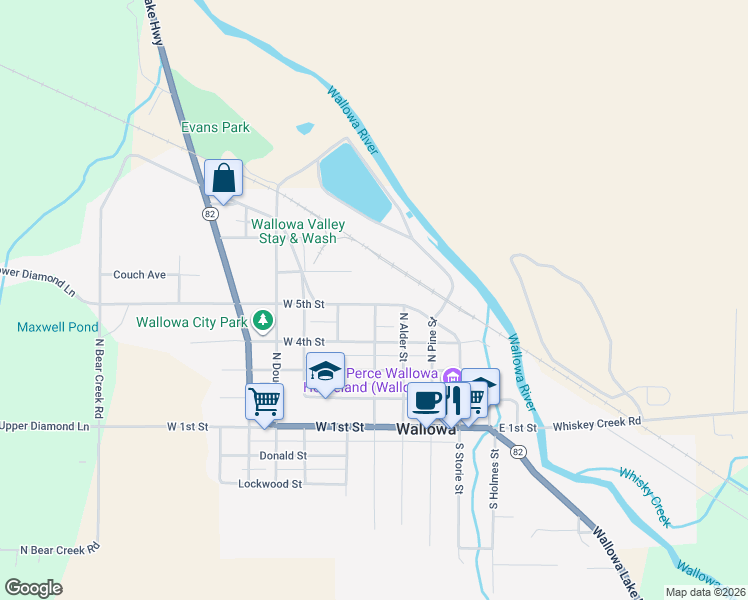 map of restaurants, bars, coffee shops, grocery stores, and more near 203 West 6th Street in Wallowa