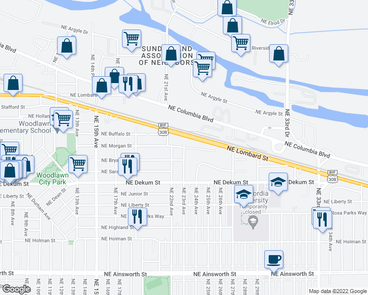 map of restaurants, bars, coffee shops, grocery stores, and more near Northeast 23rd Avenue & Northeast Morgan Street in Portland