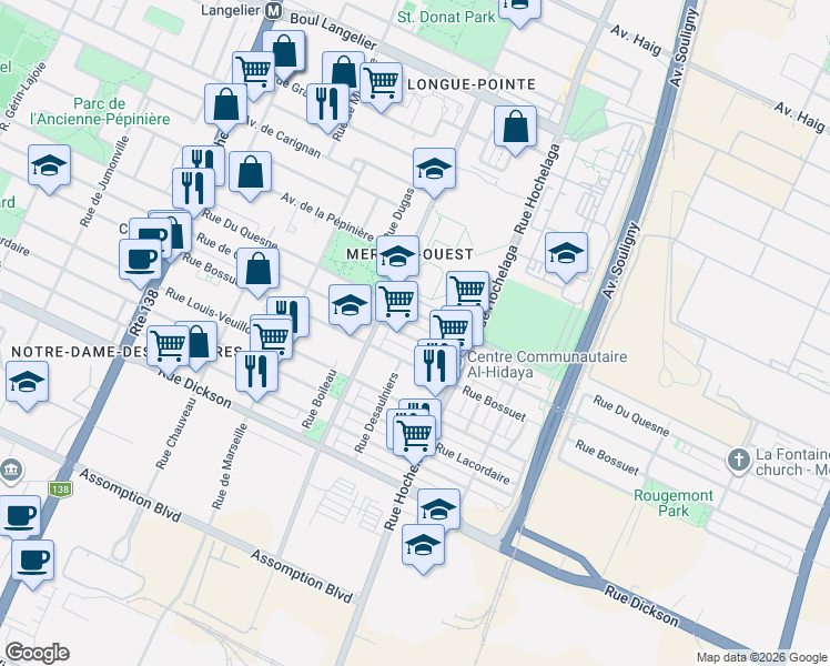 map of restaurants, bars, coffee shops, grocery stores, and more near 2639 Rue de Cadillac in Montréal