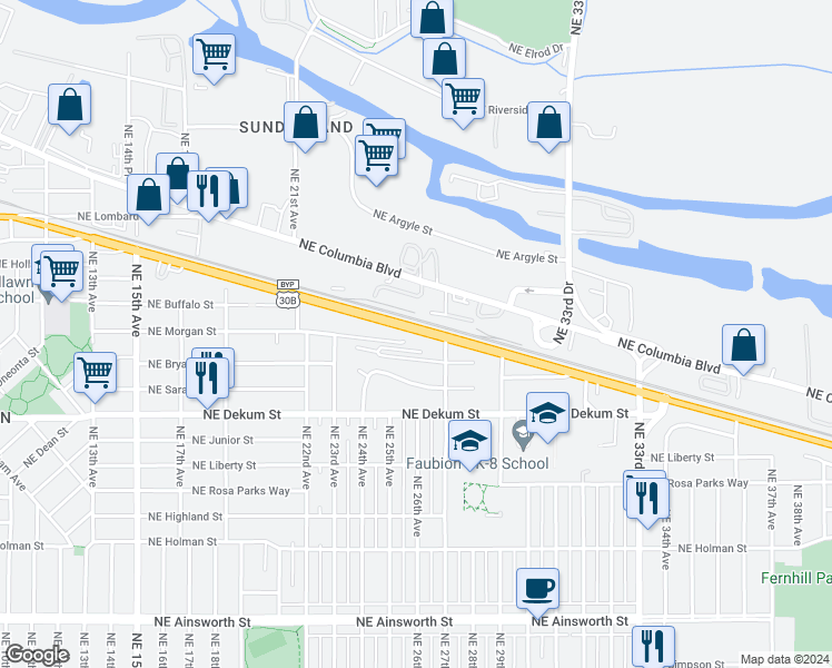 map of restaurants, bars, coffee shops, grocery stores, and more near 2600 Northeast Lombard Street in Portland