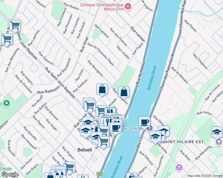 map of restaurants, bars, coffee shops, grocery stores, and more near 186 Rue Bourgeois in Beloeil