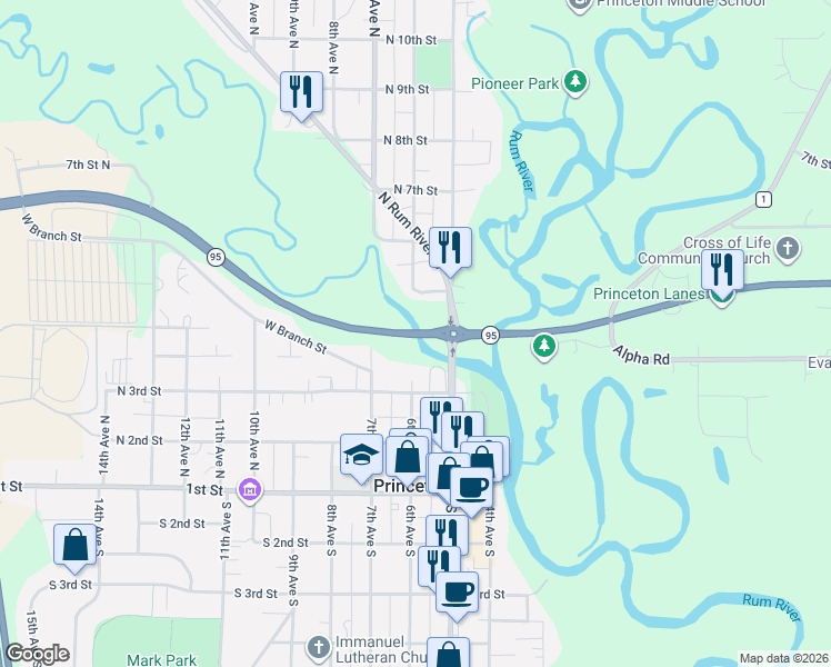 map of restaurants, bars, coffee shops, grocery stores, and more near 411 6th Avenue North in Princeton
