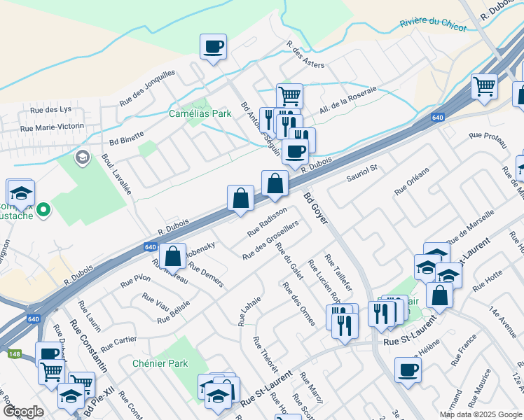 map of restaurants, bars, coffee shops, grocery stores, and more near 249 Rue Hector-Lanthier in Saint-Eustache