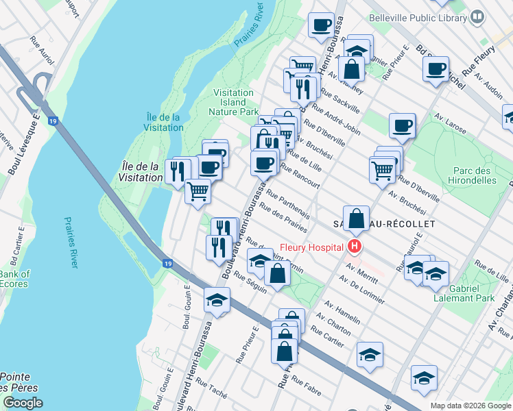 map of restaurants, bars, coffee shops, grocery stores, and more near 2150 Boulevard Henri-Bourassa Est in Montréal