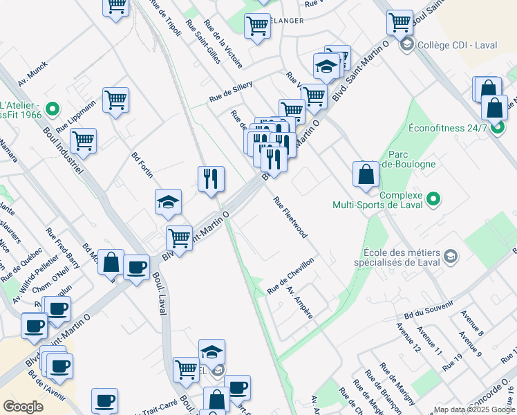 map of restaurants, bars, coffee shops, grocery stores, and more near 666 Boulevard Saint-Martin Ouest in Laval