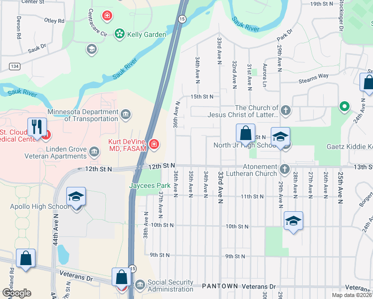 map of restaurants, bars, coffee shops, grocery stores, and more near 1220 36th Avenue North in St. Cloud