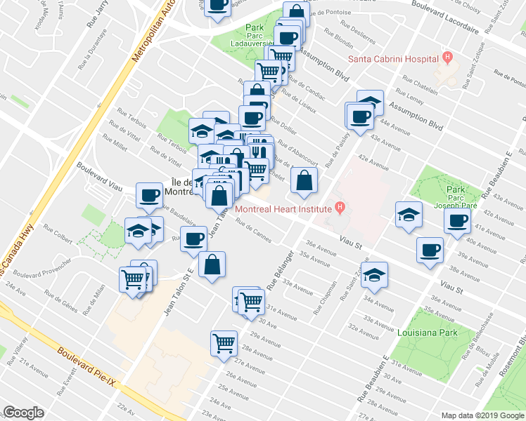 map of restaurants, bars, coffee shops, grocery stores, and more near 7100 Boulevard Viau in Montréal
