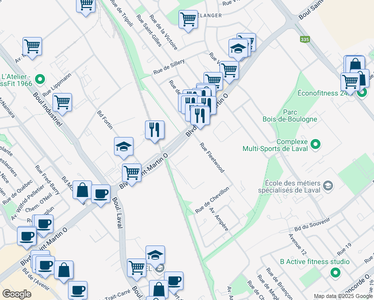 map of restaurants, bars, coffee shops, grocery stores, and more near in Laval
