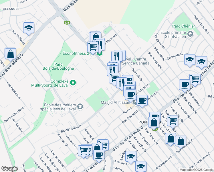 map of restaurants, bars, coffee shops, grocery stores, and more near 798 Place de Chaumont in Laval