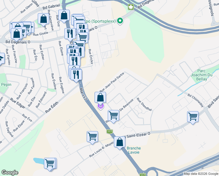 map of restaurants, bars, coffee shops, grocery stores, and more near 3505 Rue Jean-Paul-Sartre in Laval
