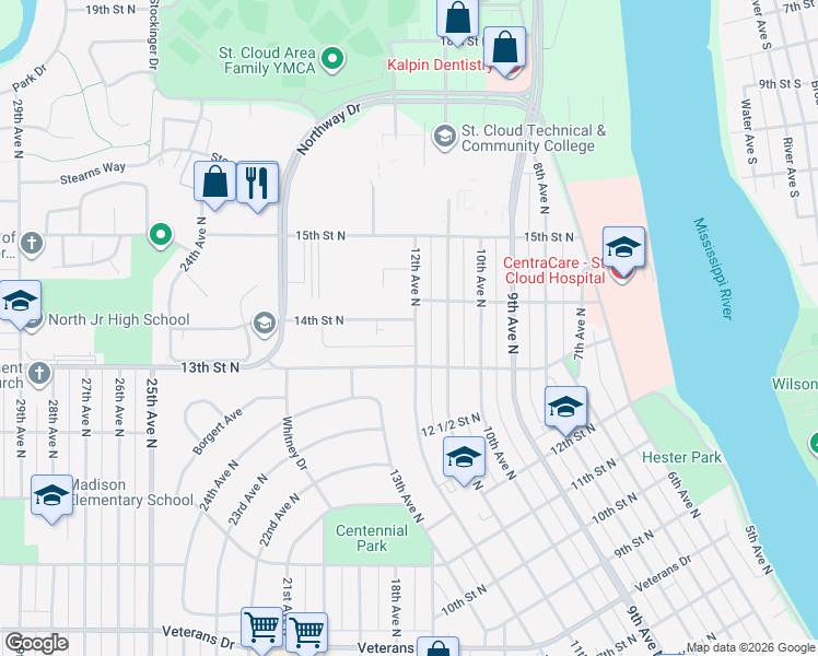 map of restaurants, bars, coffee shops, grocery stores, and more near 1346 12th Avenue North in St. Cloud