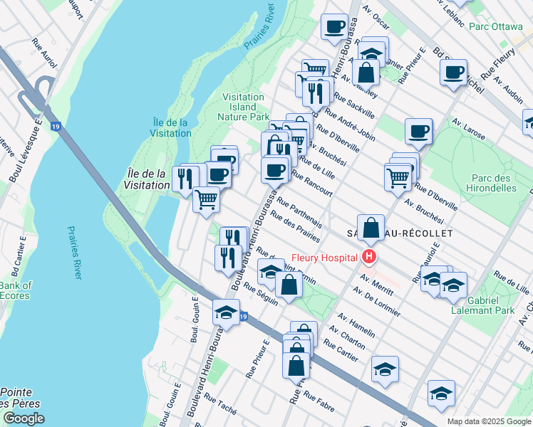 map of restaurants, bars, coffee shops, grocery stores, and more near 2150 Boulevard Henri-Bourassa Est in Montréal