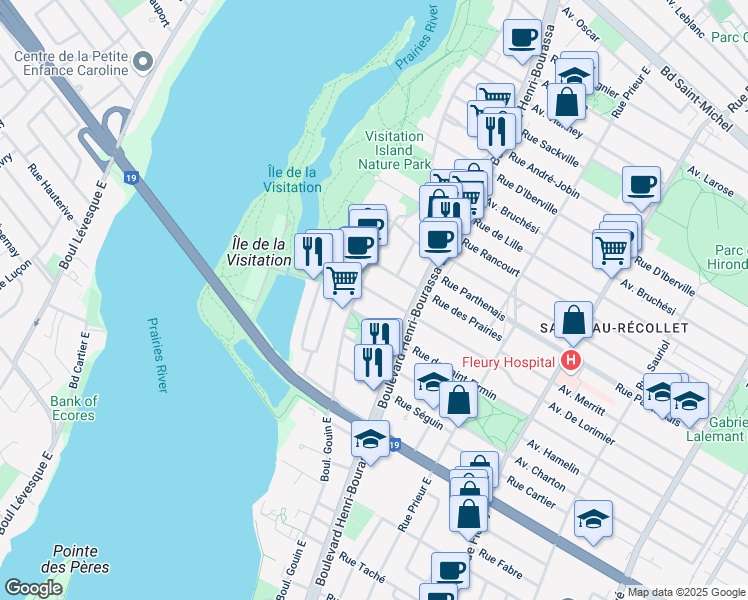 map of restaurants, bars, coffee shops, grocery stores, and more near 10764 Avenue De Lorimier in Montréal