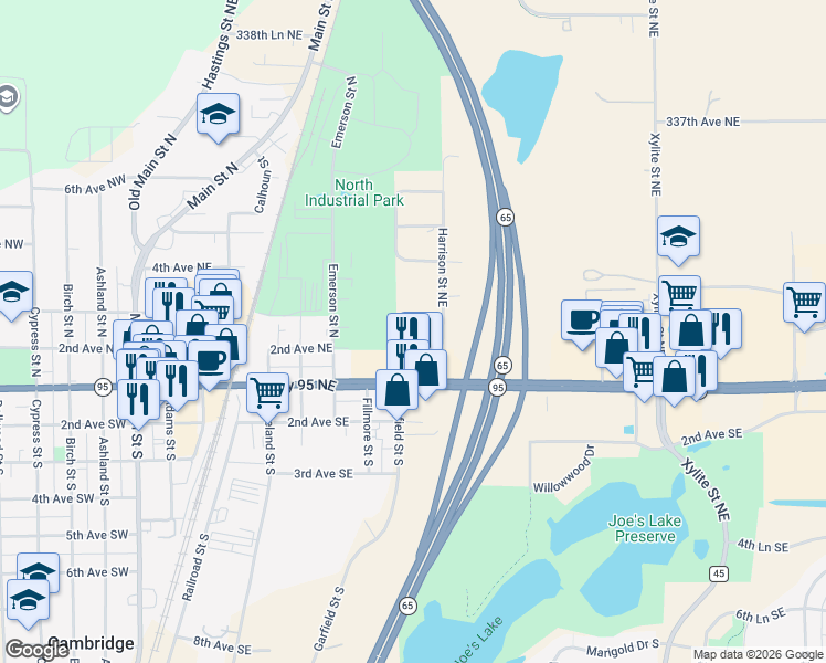 map of restaurants, bars, coffee shops, grocery stores, and more near 2233 333rd Lane Northeast in Cambridge