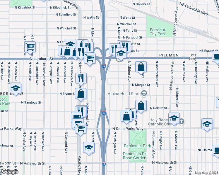 map of restaurants, bars, coffee shops, grocery stores, and more near 7051 North Missouri Avenue in Portland