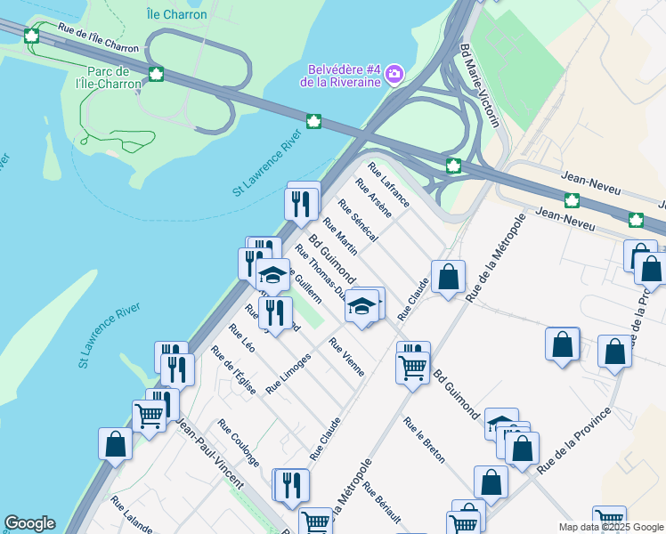 map of restaurants, bars, coffee shops, grocery stores, and more near 90 Boulevard Guimond in Longueuil